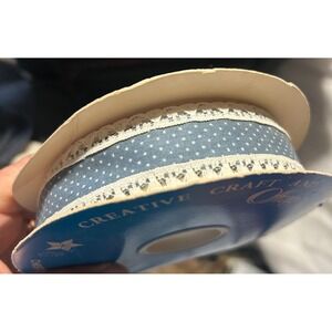 Offray Cottagecore Blue Polka Dot Lace Trim Ribbon 1 7/16 Inch x 20 Yards Vtg